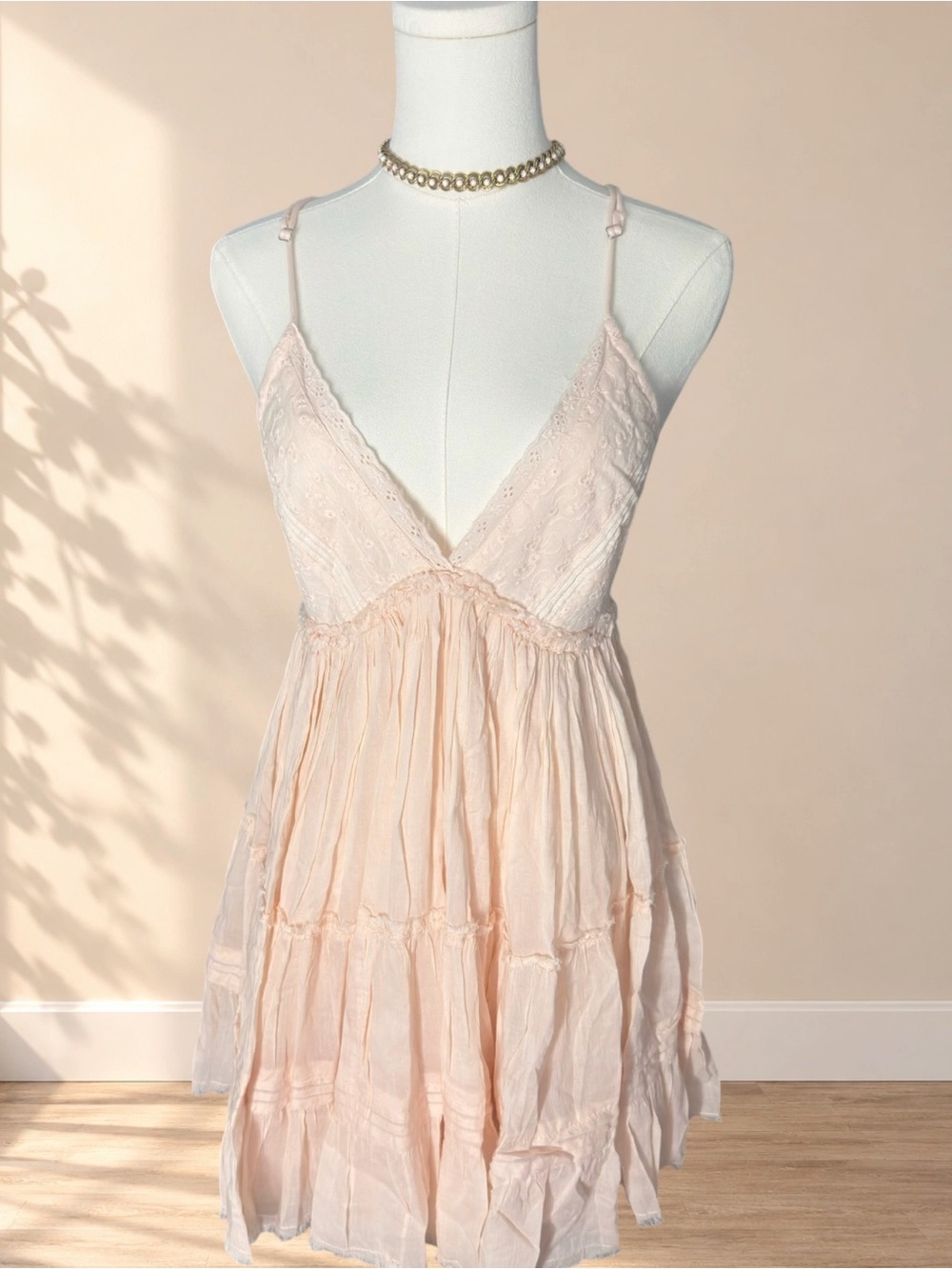 Urban Outfitters Pale Blush Tiered Lace-Trim Mini Dress